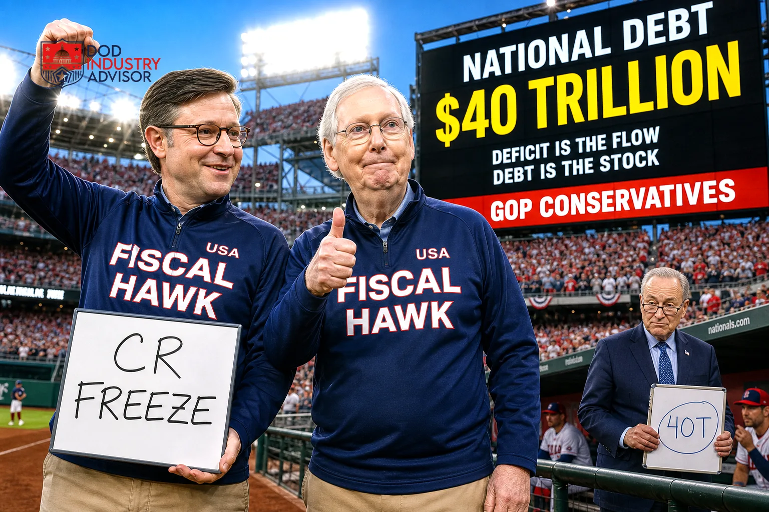 Johnson and McConnell as Fiscal Hawks celebrating a CR freeze under a $40 trillion jumbotron