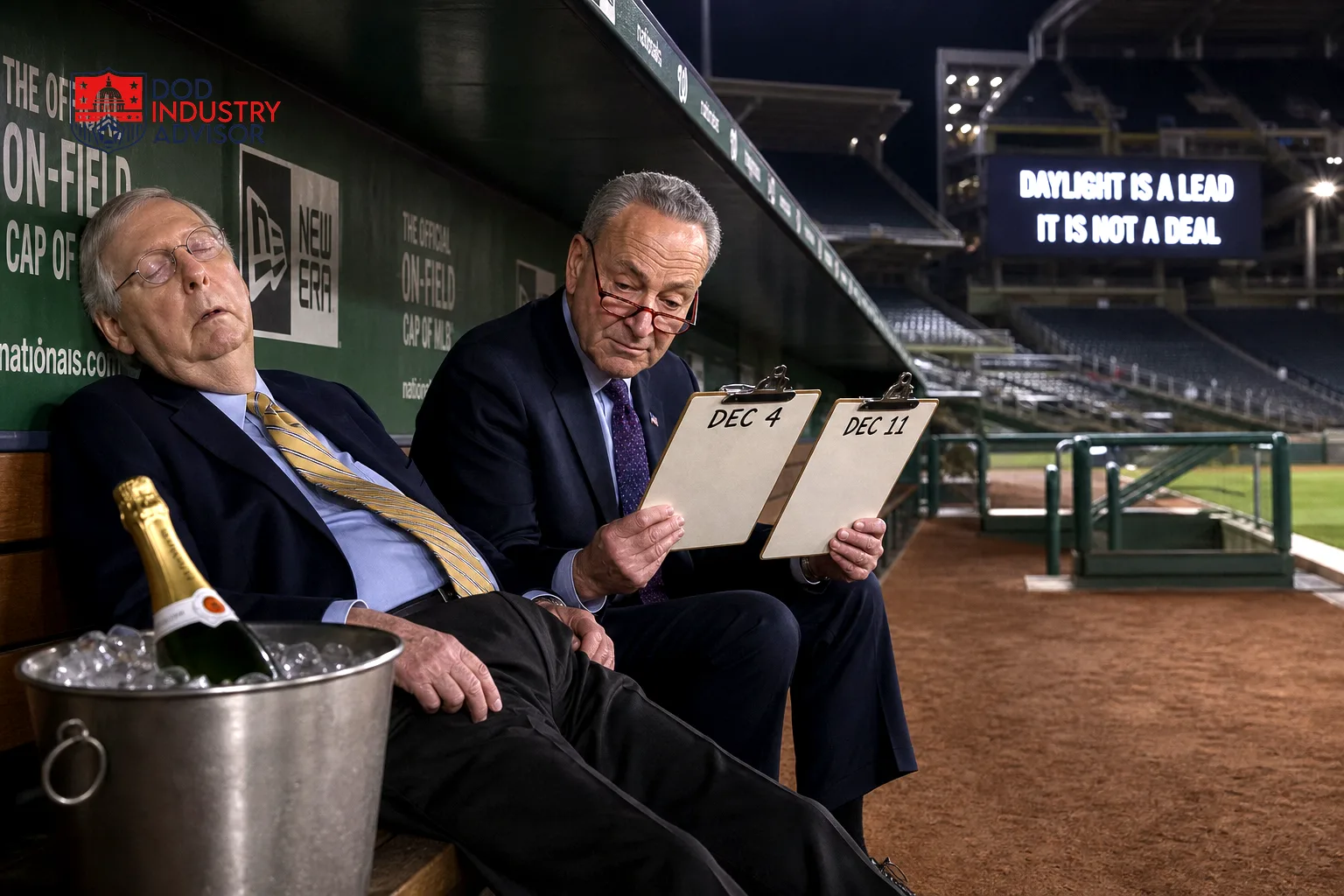McConnell asleep next to unopened champagne, Schumer holding Dec 4 and Dec 11 clipboards