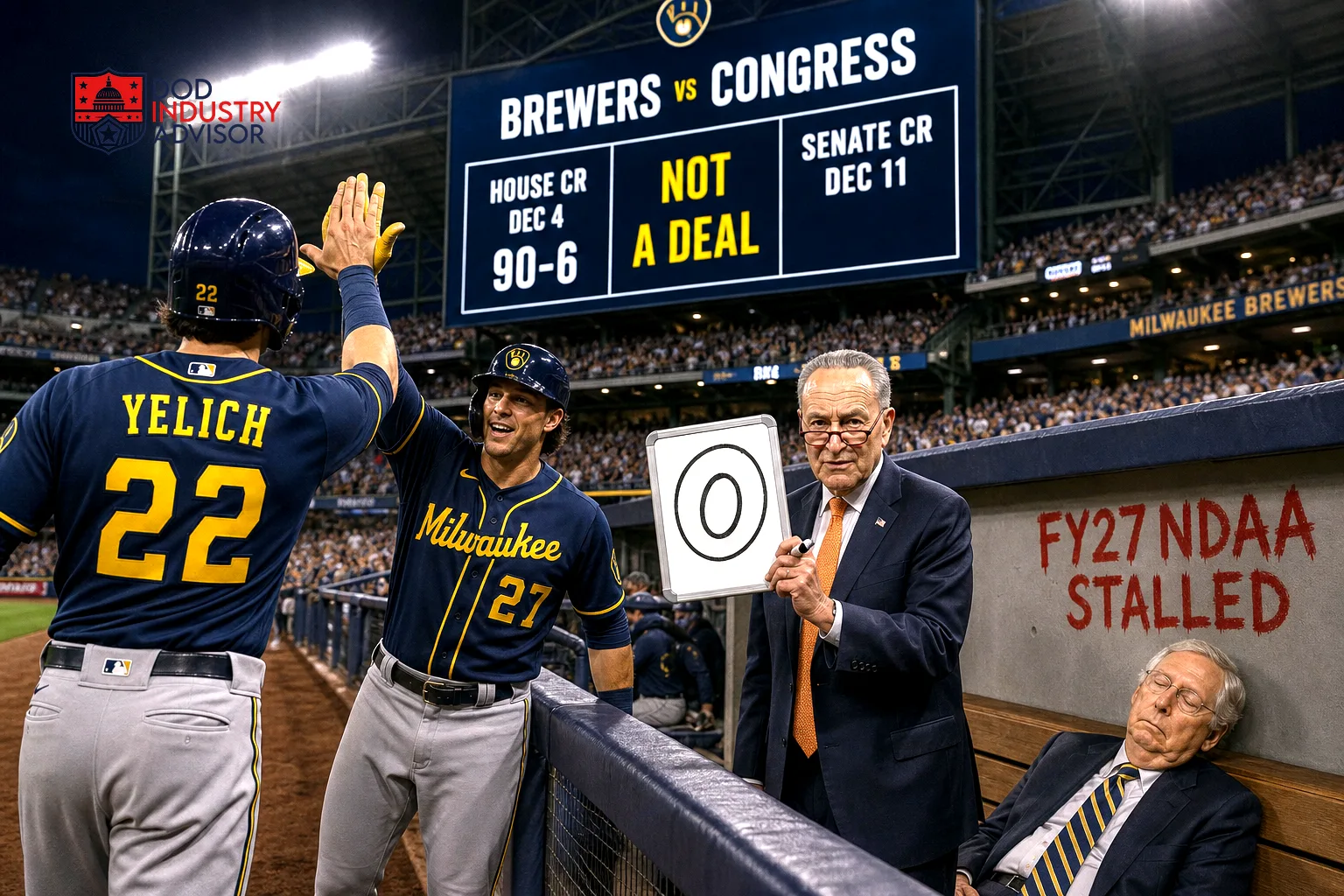 Brewers celebrating while Schumer holds a zero and McConnell sleeps in the dugout