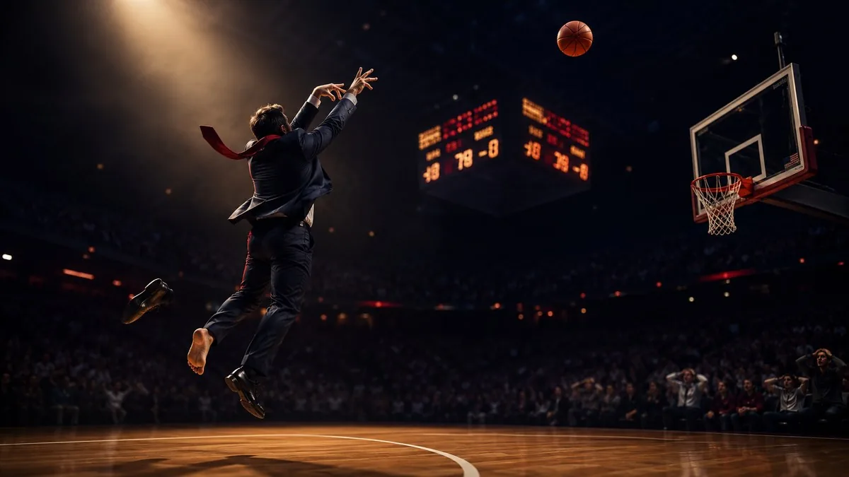 A man in a business suit airballs a three-pointer in an empty arena as the scoreboard lead melts away