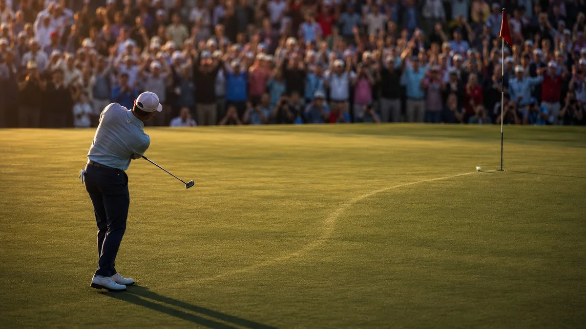 A golfer watches a long curving putt roll toward the cup at golden hour as the gallery rises