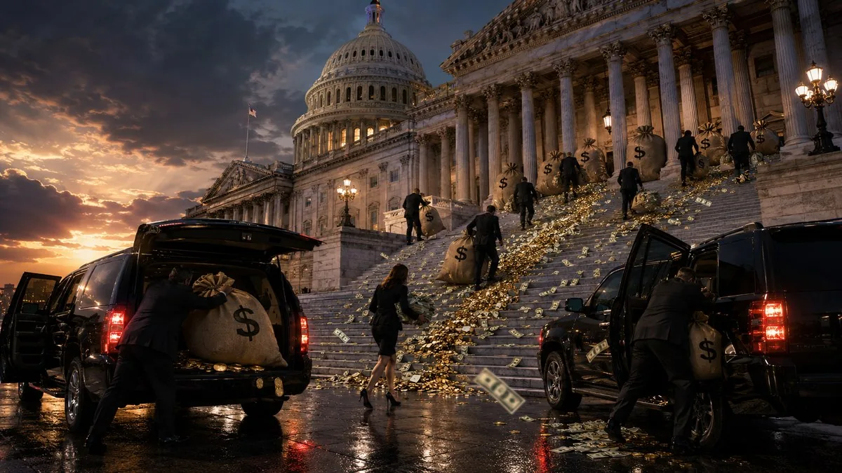 Anonymous figures in suits and professional dress drag $-marked money bags down the U.S. Capitol steps to blacked-out SUVs as cash and coins spill across the marble